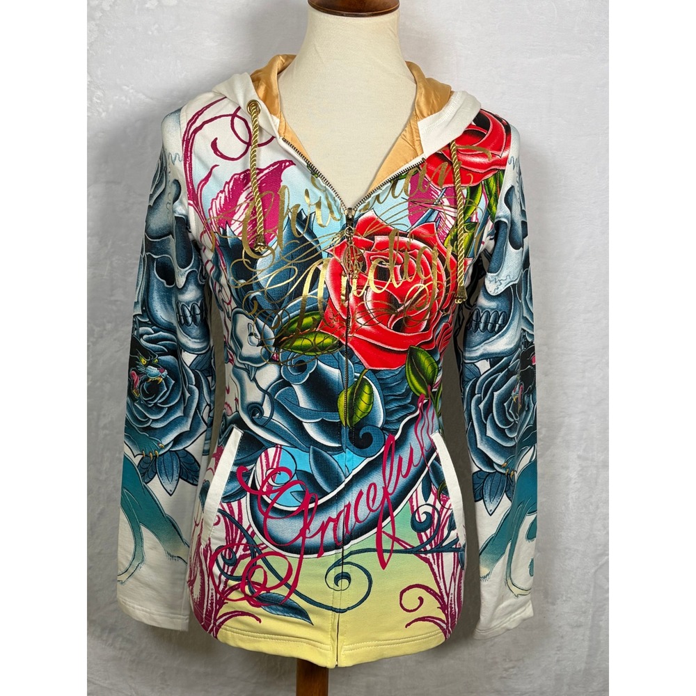 Christian Audigier Y2K Tattoo Graphic Rhinestone Zip Up Hoodie Small NEW